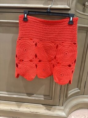 Vici Crochet Circle Mini Skirt - Coral Red